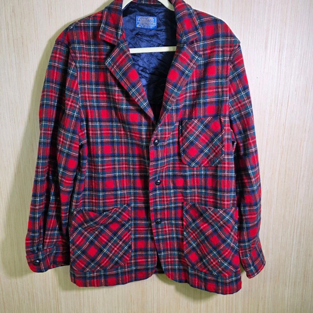 VTG 60s 70s Pendleton Wool Plaid Blazer Shacket Jacket Red Tartan Large